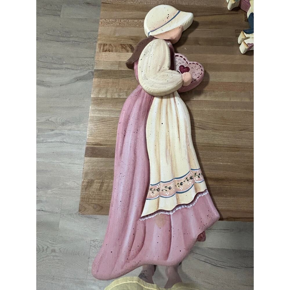 Large Country Folk Art Girl Wall Hanging Heart Bonnet Pink Cottagecore Decor 21” - Picture 2 of 5